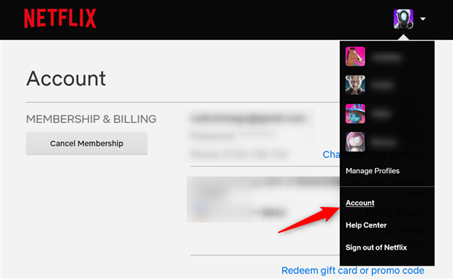 The Account option from the Netflix menu
