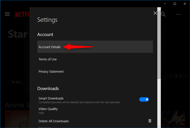 The Account Details link from the Netflix app for Windows 10