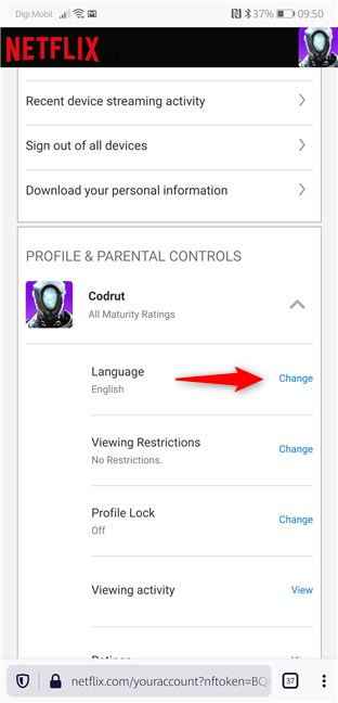 The change link for the Netflix language