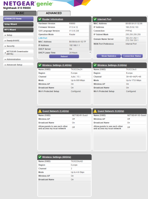 The Advanced settings for the Netgear Nighthawk X10