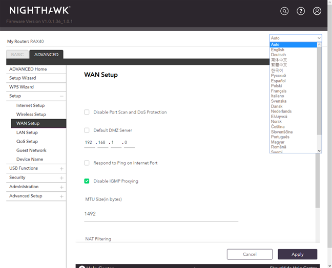 Switching the languages on the NETGEAR Nighthawk AX4