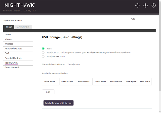 NETGEAR Nighthawk AX4 - ReadySHARE settings