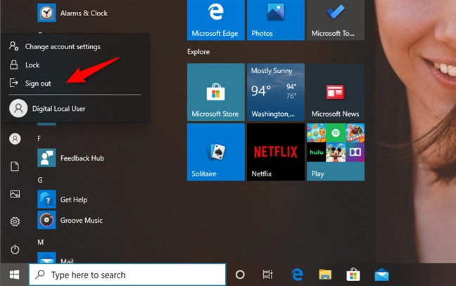 Sign out or switch user accounts in Windows 10