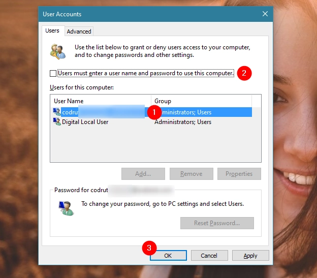 Turning off Users must enter a user name and password to use this computer
