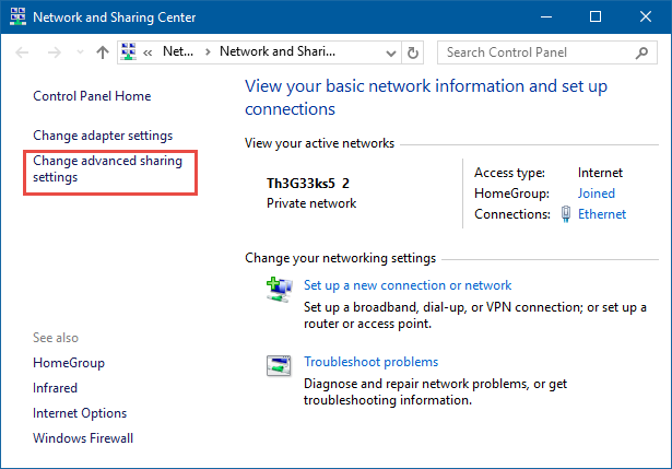 Windows, Advanced sharing settings
