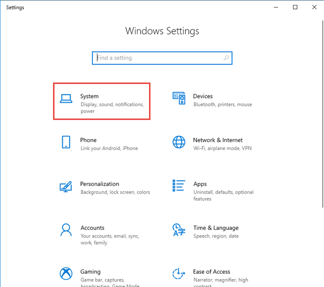 Windows 10 Settings -&gt; Go to System