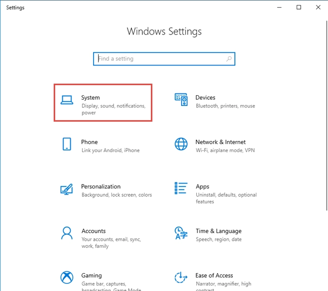 Windows 10 Settings -&gt; Go to System