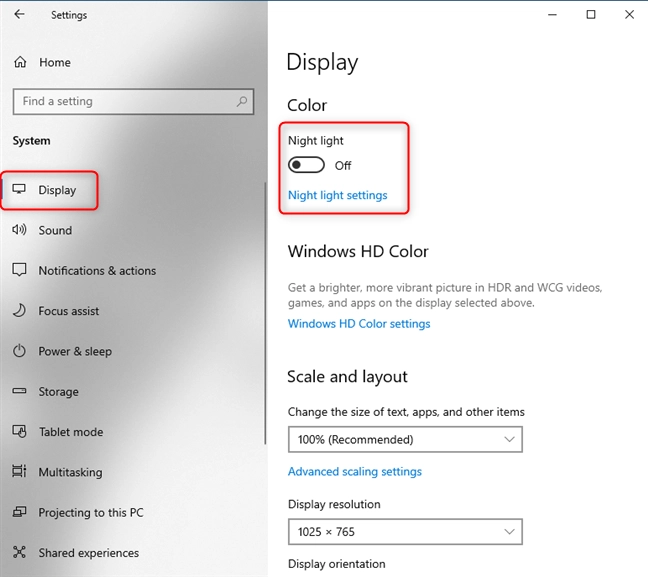 Where to find Night light in Windows 10