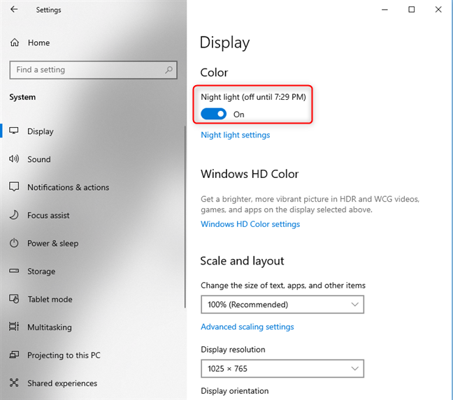 The Night light is enabled in Windows 10