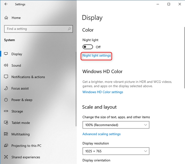 Accessing the Night light settings
