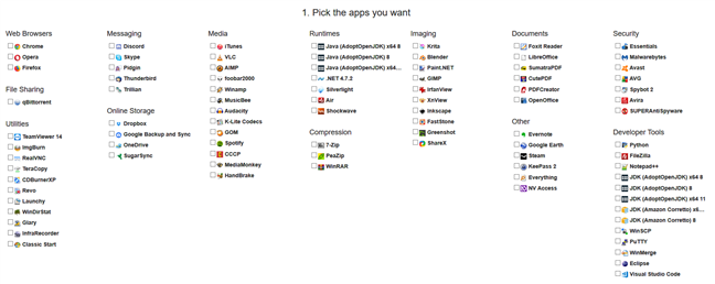 Picking apps on ninite.com