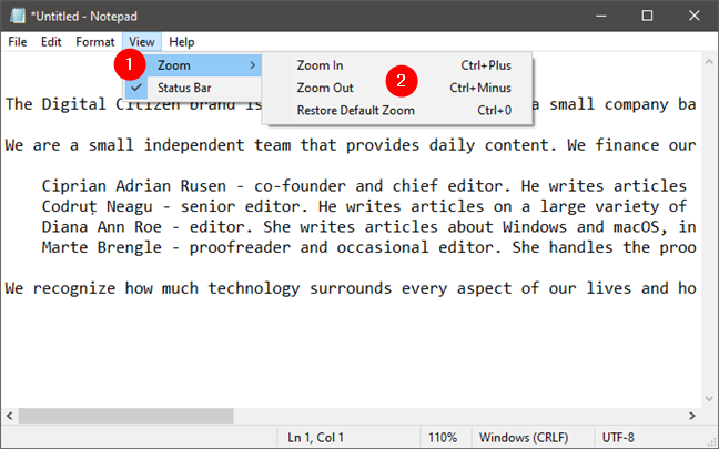 Configurações de zoom no bloco de notas para Windows 10