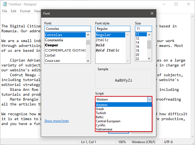 Opciones de fuente Script en el Bloc de notas