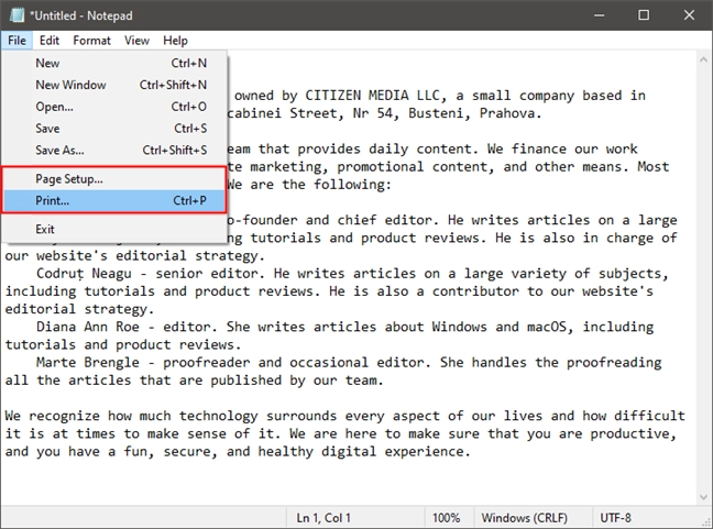 Page Setup and Print in Notepad