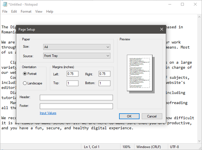 Pengaturan Page Setup tersedia di Notepad