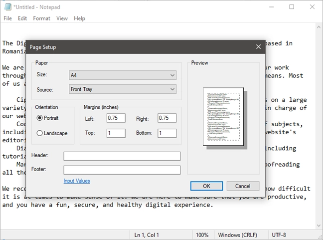 Page Setup settings available in Notepad