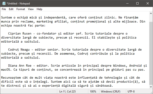 A document with Central European characters, created in Notepad