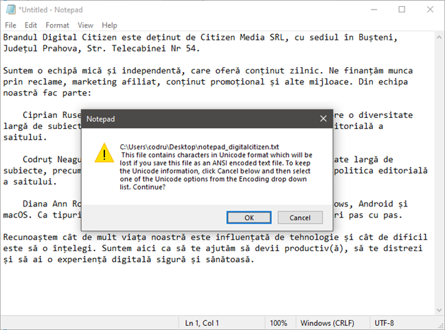 Saving a document in ANSI encoding can lose characters