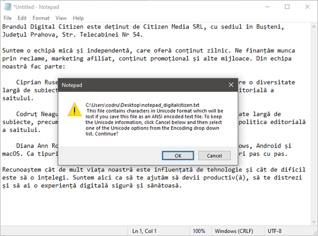Saving a document in ANSI encoding can lose characters