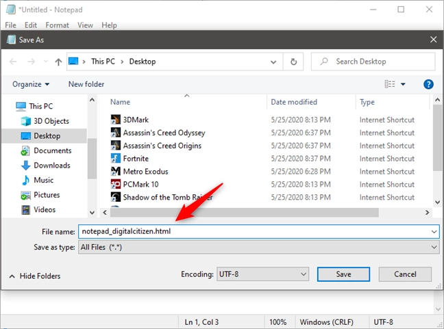 Saving a document as an HTML file with Notepad