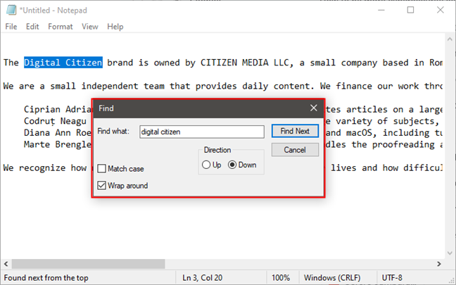 Usando o bloco de notas para localizar texto em um documento