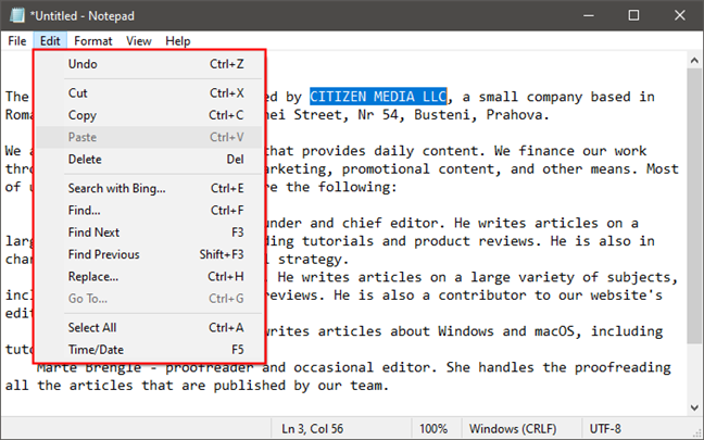 Notepad's Edit menu