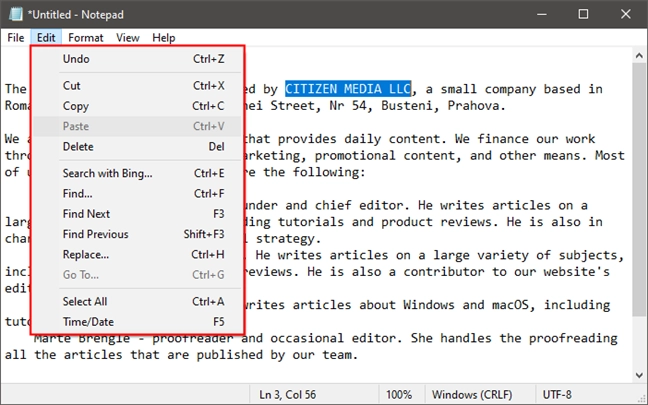 Notepad's Edit menu