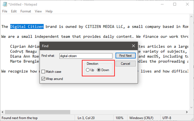 Choosing the search direction in Notepad