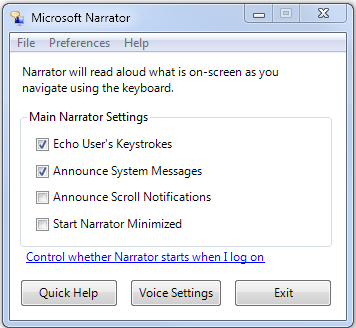 Ease of Access Center - Windows 7 - Narrator