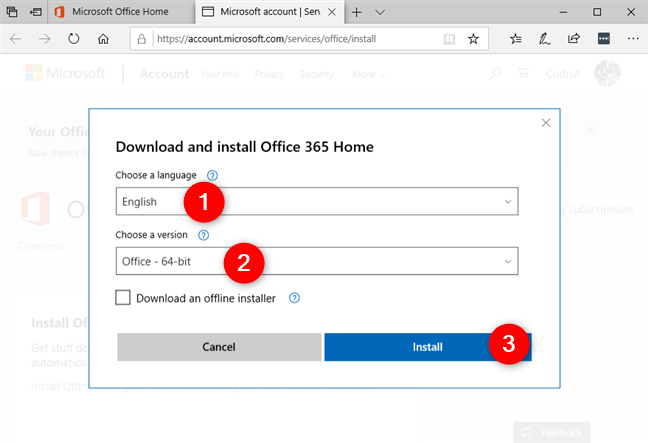 Selecting the language and then the 64-bit version of Office 365