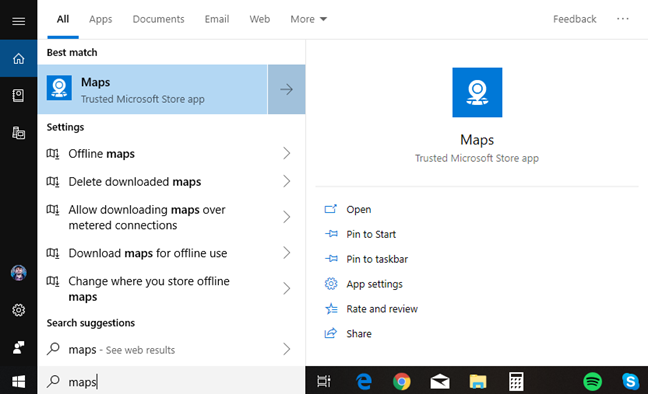 Searching for maps in Windows 10