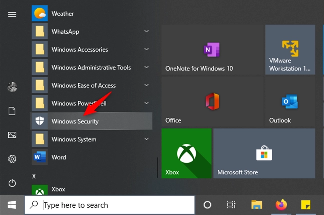 The Windows Security shortcut from the Start Menu