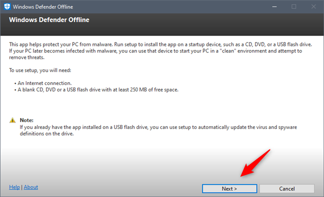 The Windows Defender Offline wizard