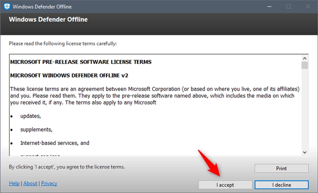 The license terms used by Windows Defender Offline
