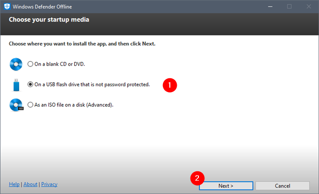 Choosing where to install Windows Defender Offline