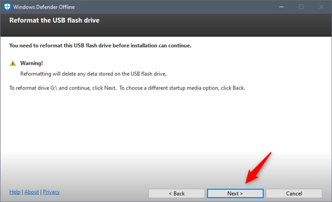 Windows Defender Offline needs to reformat your USB flash drive