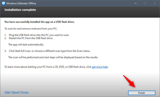 Windows Defender Offline was installed successfully