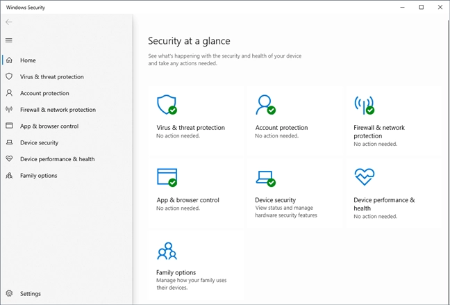 The Windows Security app in Windows 10