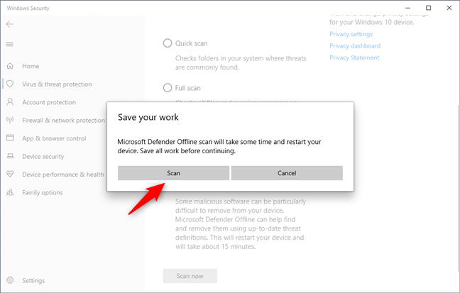 Microsoft Defender Offline asks you to save your work