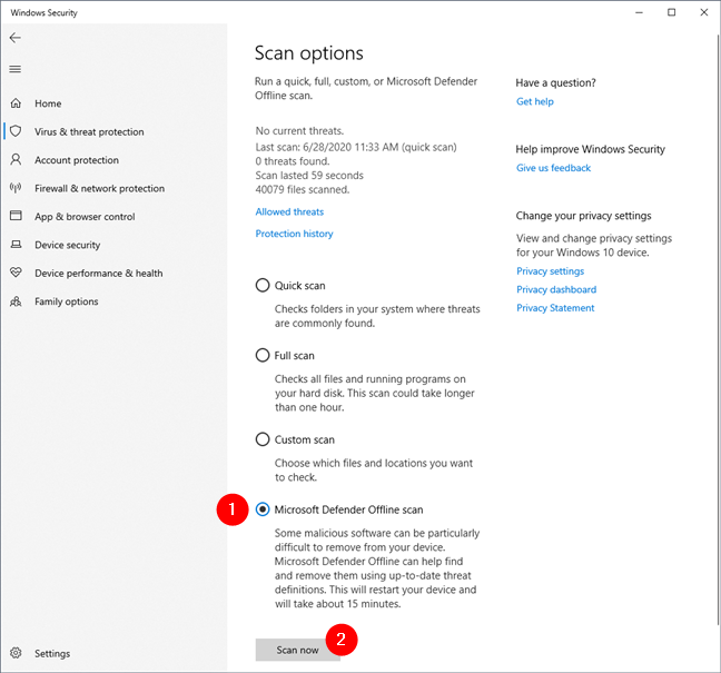 Starting a Microsoft Defender Offline scan