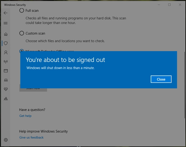 Windows informs you that it will shut down