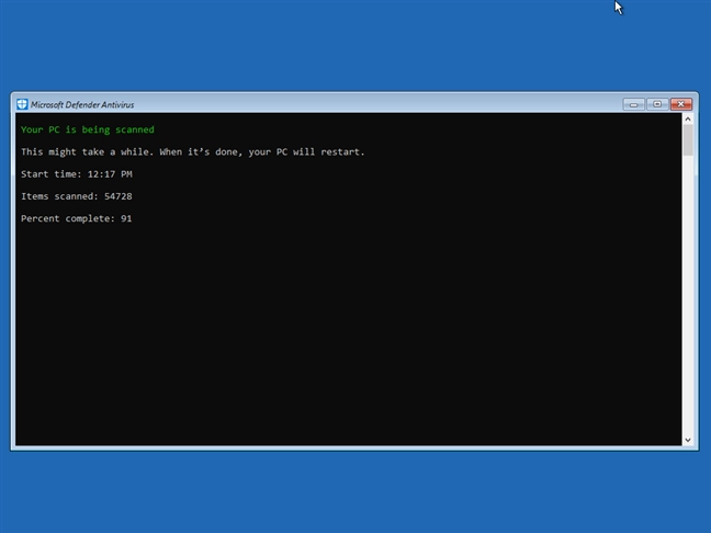 The Microsoft Defender Antivirus runs the offline scan