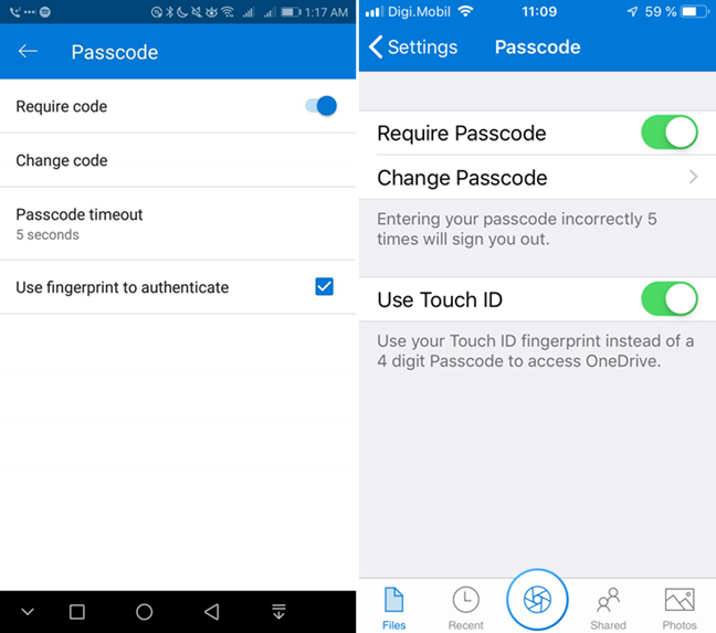 Passcode settings in OneDrive for Android and iOS