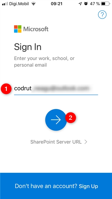 Signing into OneDrive with an email address