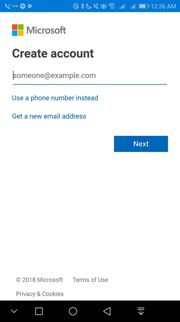 Create a Microsoft account in OneDrive for Android