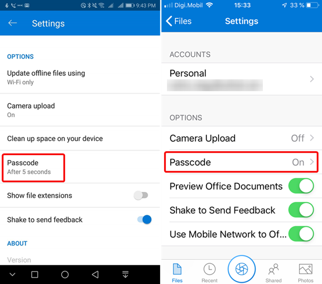 Open Passcode settings in OneDrive for Android and iOS