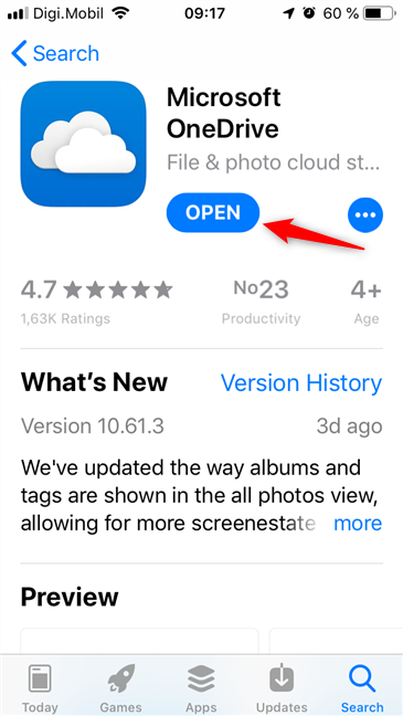 Opening OneDrive from the App Store