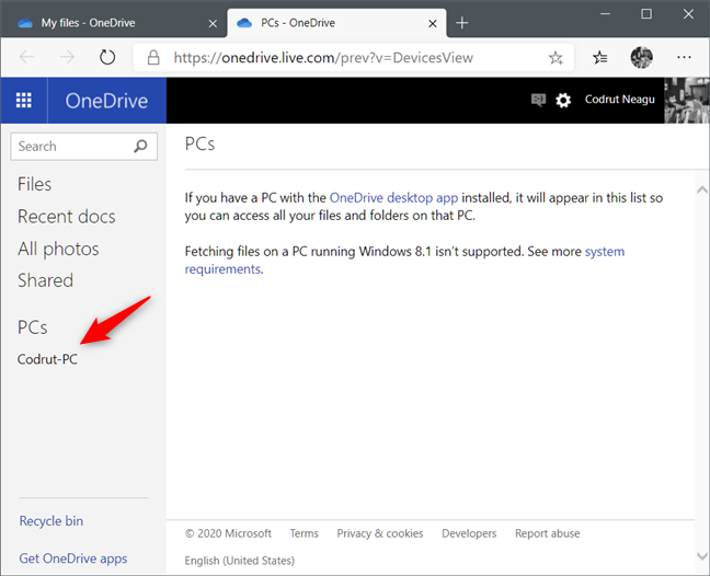 The list of PCs where OneDrive's Fetch Files is enabled