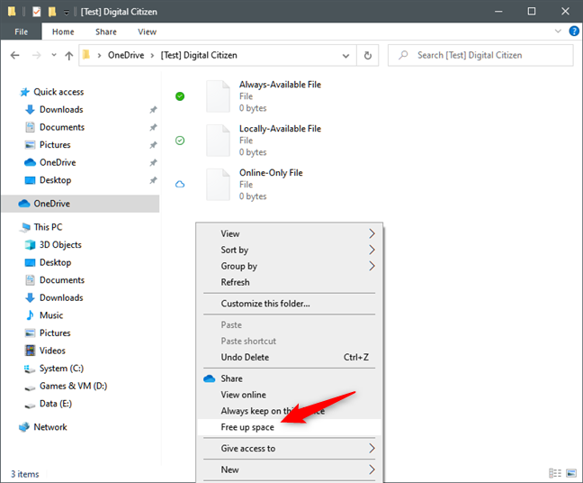 Choosing Free up space to save storage space with OneDrive Files On-Demand