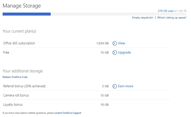 The Manage Storage options available for OneDrive